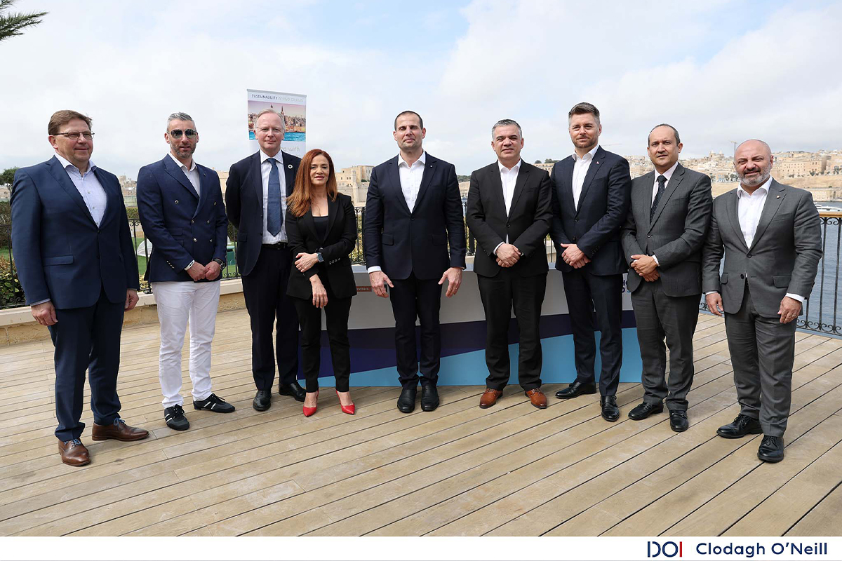 Malta in a historic agreement with Carnival Corporation. L to R shows: Max Kommorowski MKO Marine Consulting; Norbert Grech Senior Manager TM; Roland Texeira de Mattos, President EOPSA; Miriam Dalli, Minister for Energy and the Environment; Robert Abela, PM of Malta; Chris Bonnett, Minister for Transport and Infrastructure; Paul Ludlow, President Carnival UK; Stephen Xuereb, COO of Global Ports Holding and CEO of Valletta Cruise Port; Kurt Farrugia, CEO TM (Image at LateCruiseNews.com - March 2025)